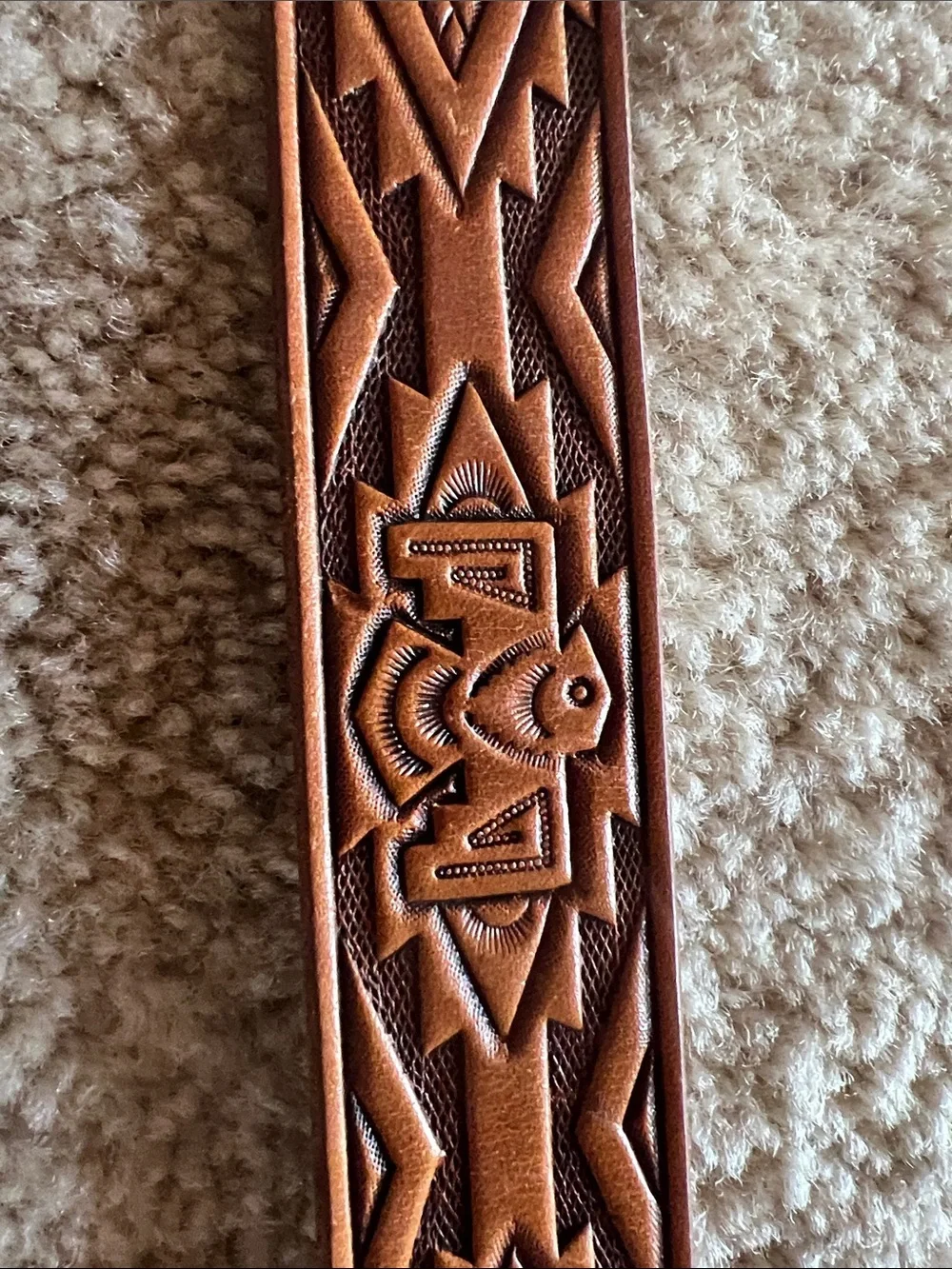 Hand finished Brown belt,genuine leather, Aztec design, eagle buckle